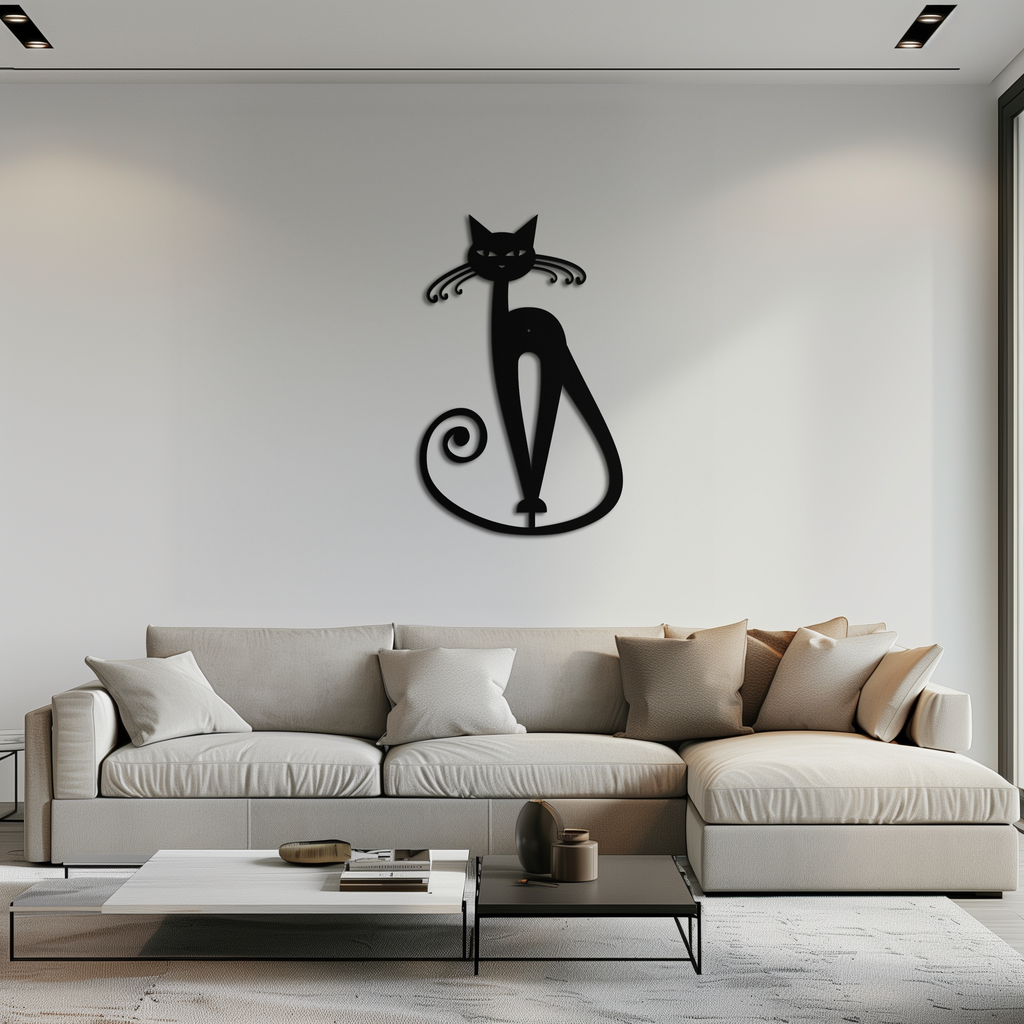 Black Metal Cat Wall Sculpture - Geometric Minimalist Contemporary Home Decor Art