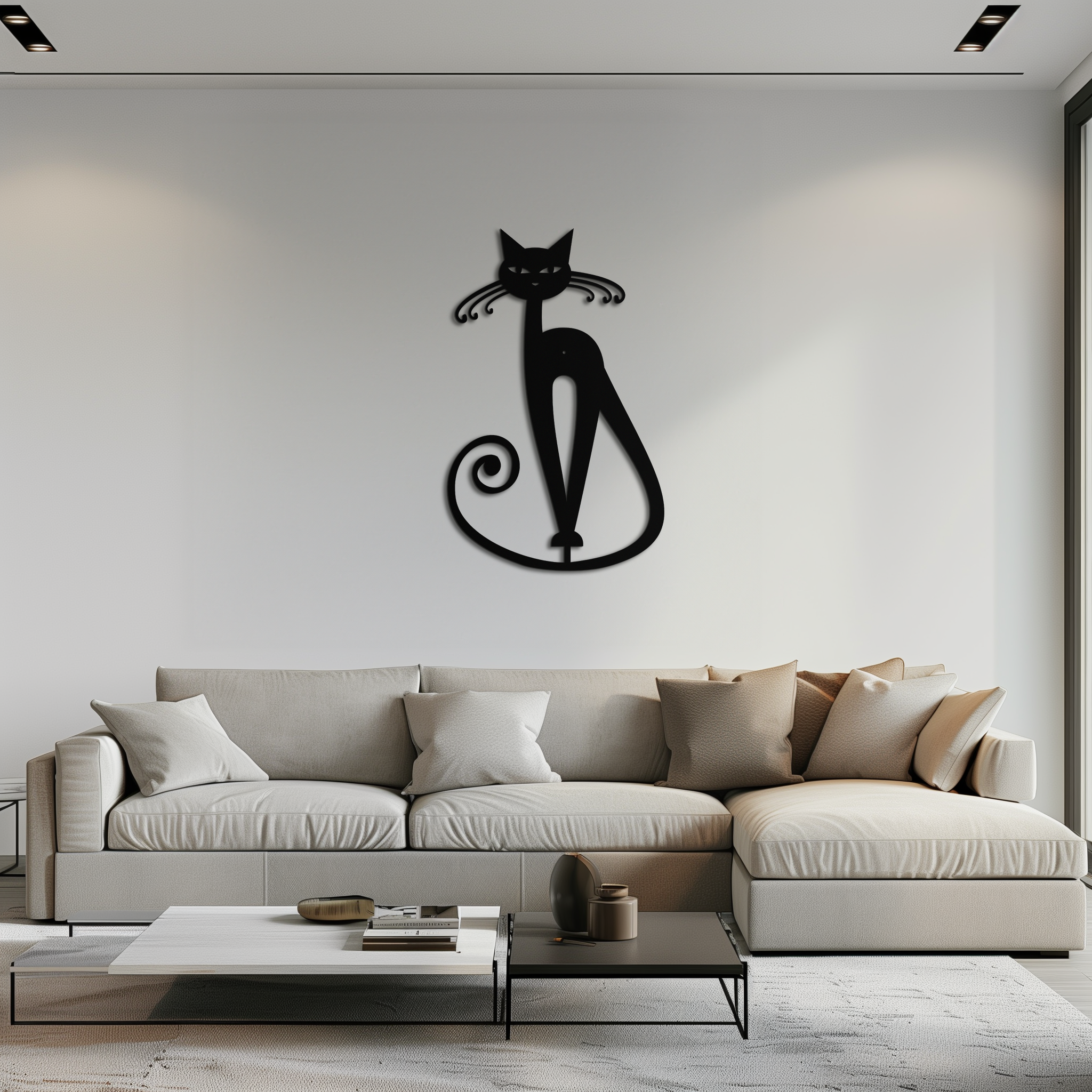 Black Metal Cat Wall Sculpture - Geometric Minimalist Contemporary Home Decor Art