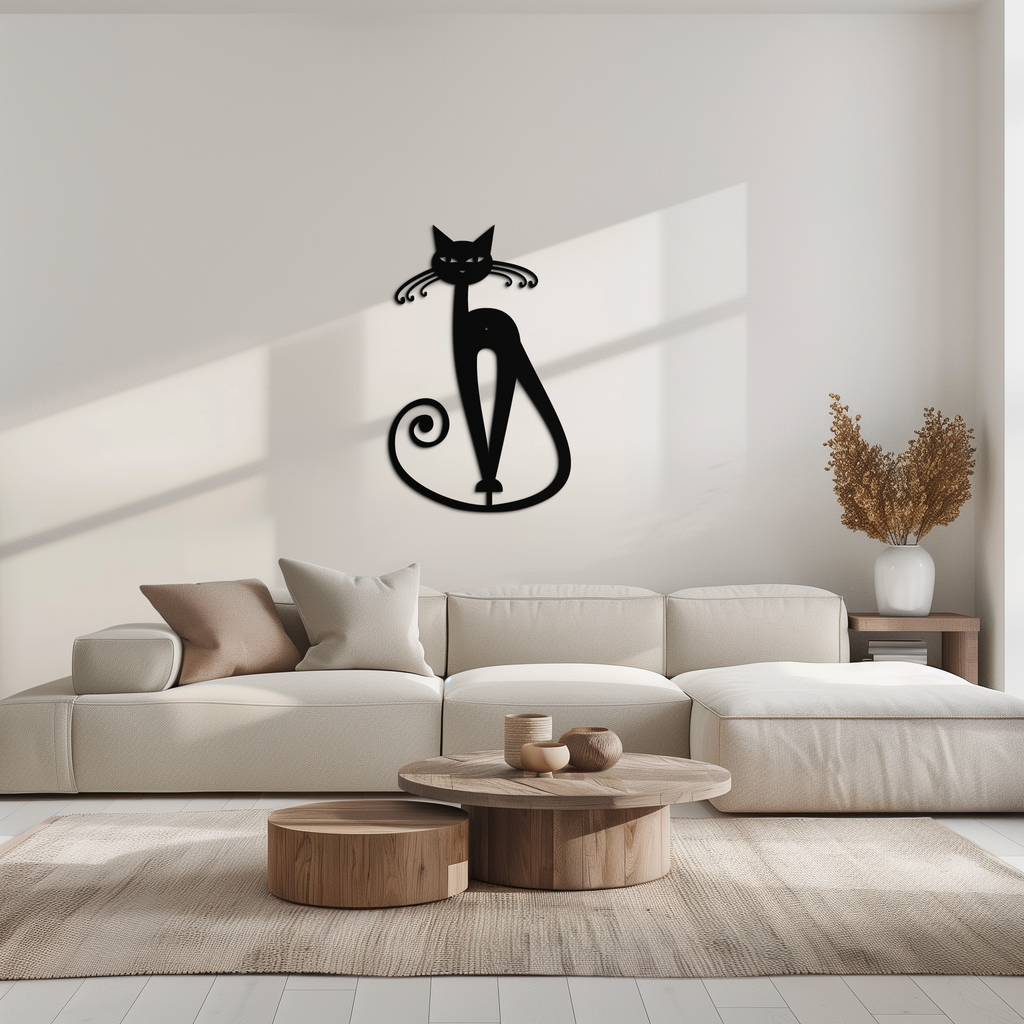 Black Metal Cat Wall Sculpture - Geometric Minimalist Contemporary Home Decor Art