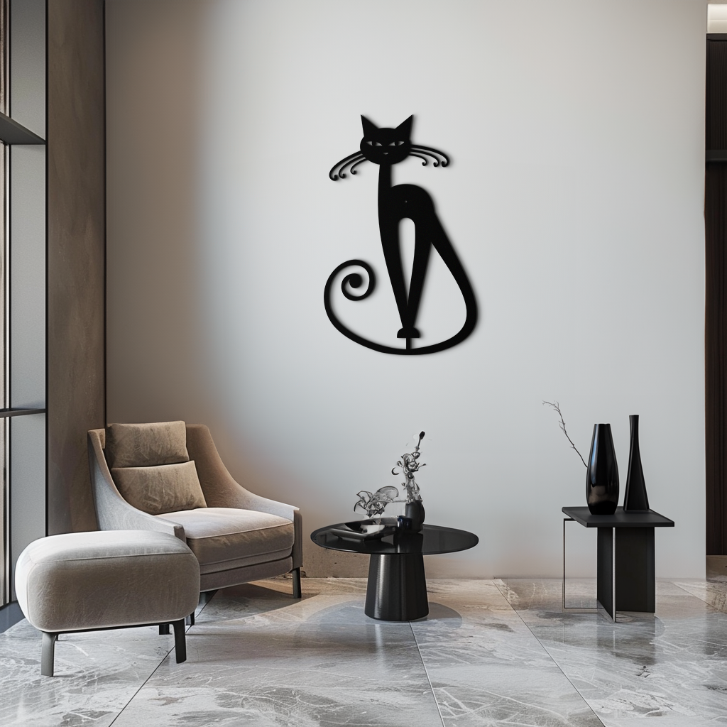 Black Metal Cat Wall Sculpture - Geometric Minimalist Contemporary Home Decor Art