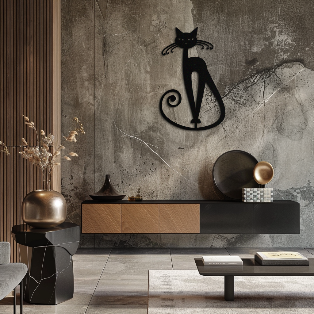 Black Metal Cat Wall Sculpture - Geometric Minimalist Contemporary Home Decor Art