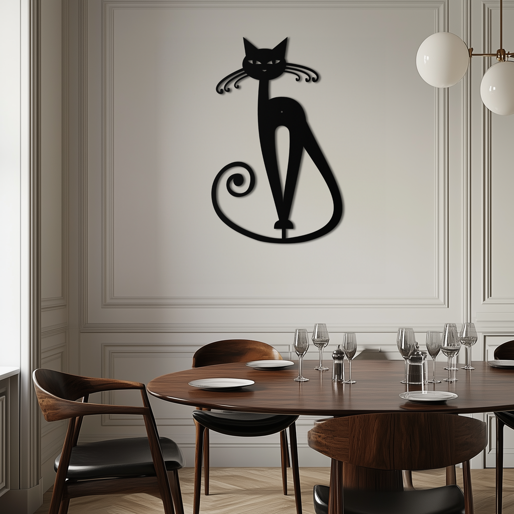 Black Metal Cat Wall Sculpture - Geometric Minimalist Contemporary Home Decor Art