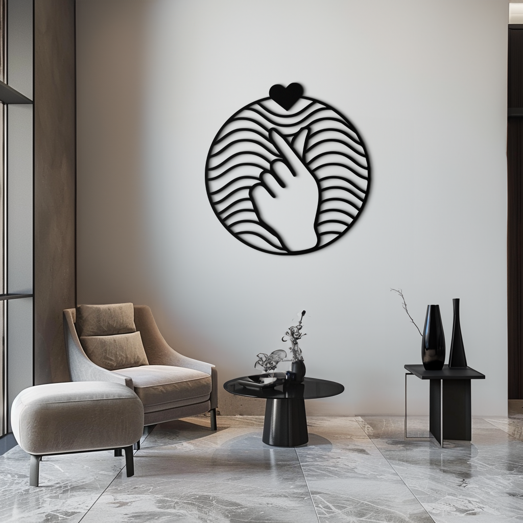Steel Heart Finger Love Sign Wall Art - Round Minimalist Decor