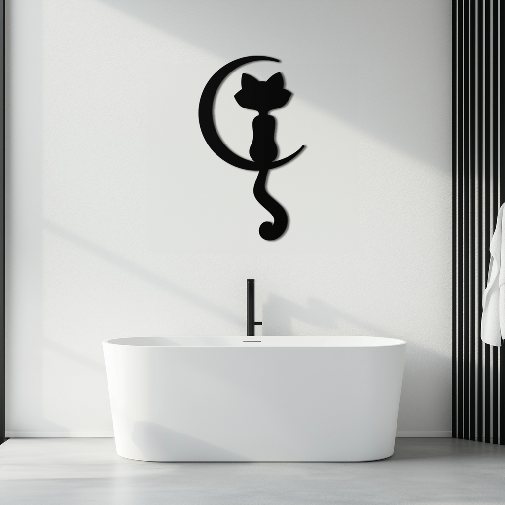 Metal Wall Art Moonlight Cat and Crescent Moon Silhouette Decor