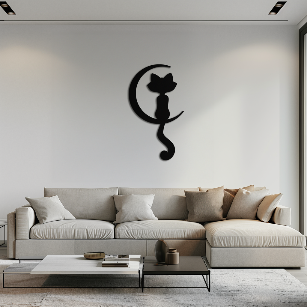 Metal Wall Art Moonlight Cat and Crescent Moon Silhouette Decor