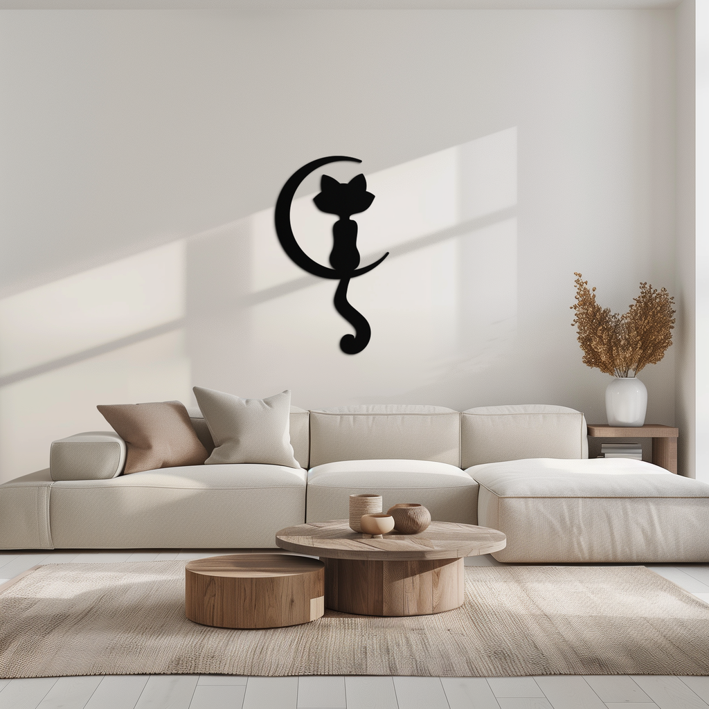 Metal Wall Art Moonlight Cat and Crescent Moon Silhouette Decor