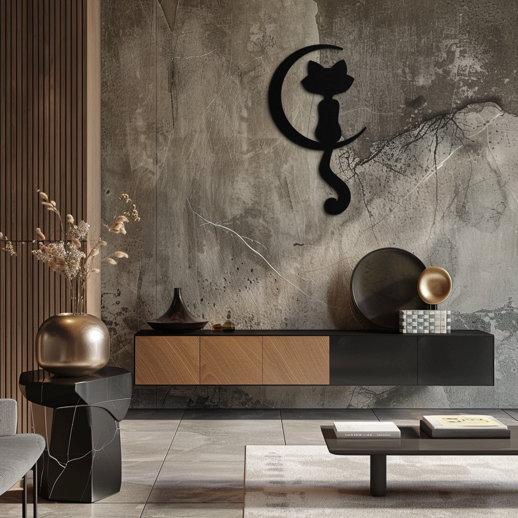 Metal Wall Art Moonlight Cat and Crescent Moon Silhouette Decor