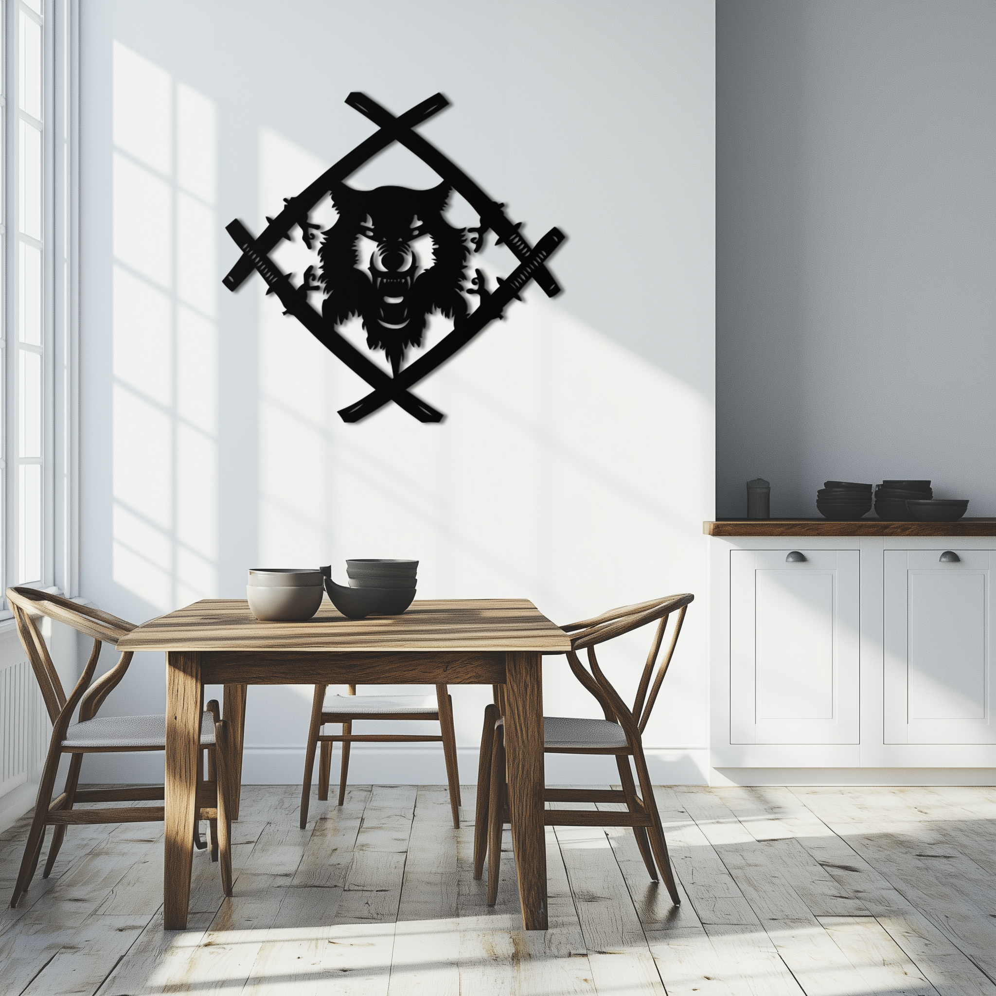 Metal Wall Art Samurai Wolf Warrior - Crossed Katanas Design