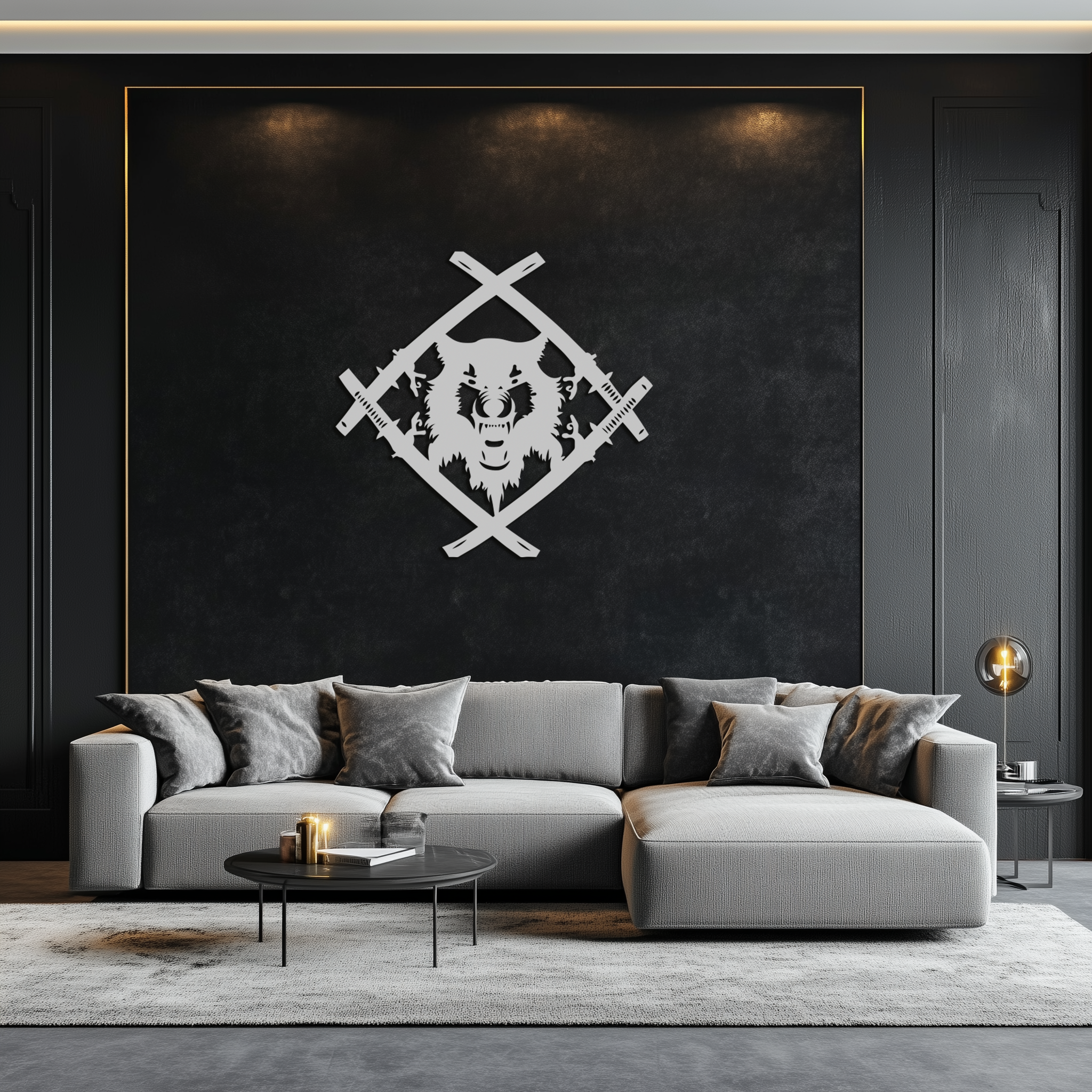 Metal Wall Art Samurai Wolf Warrior - Crossed Katanas Design
