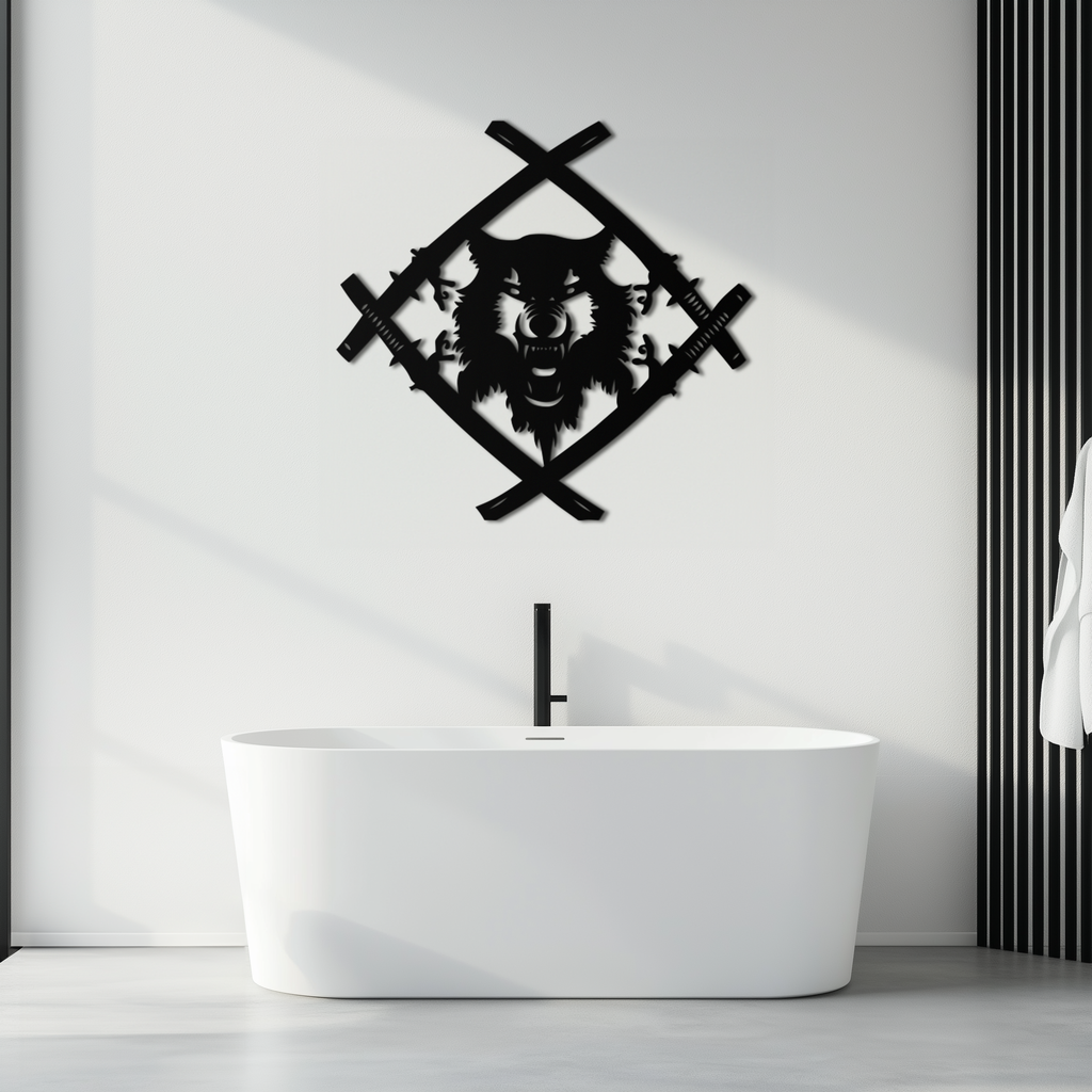 Metal Wall Art Samurai Wolf Warrior - Crossed Katanas Design