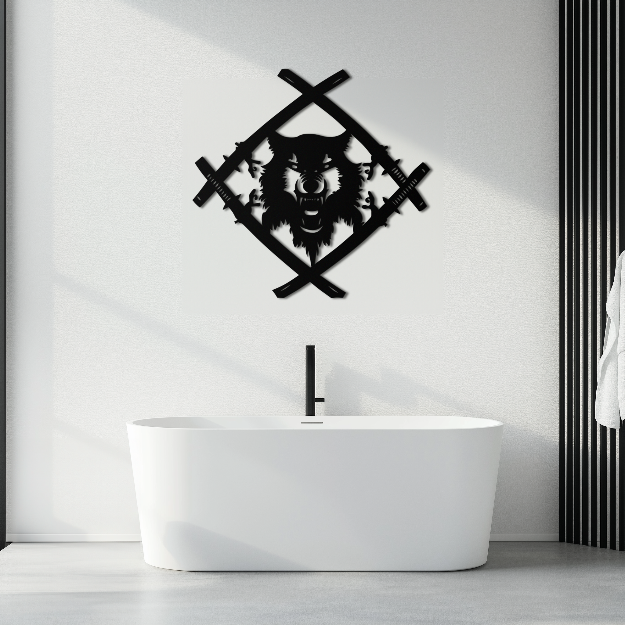 Metal Wall Art Samurai Wolf Warrior - Crossed Katanas Design