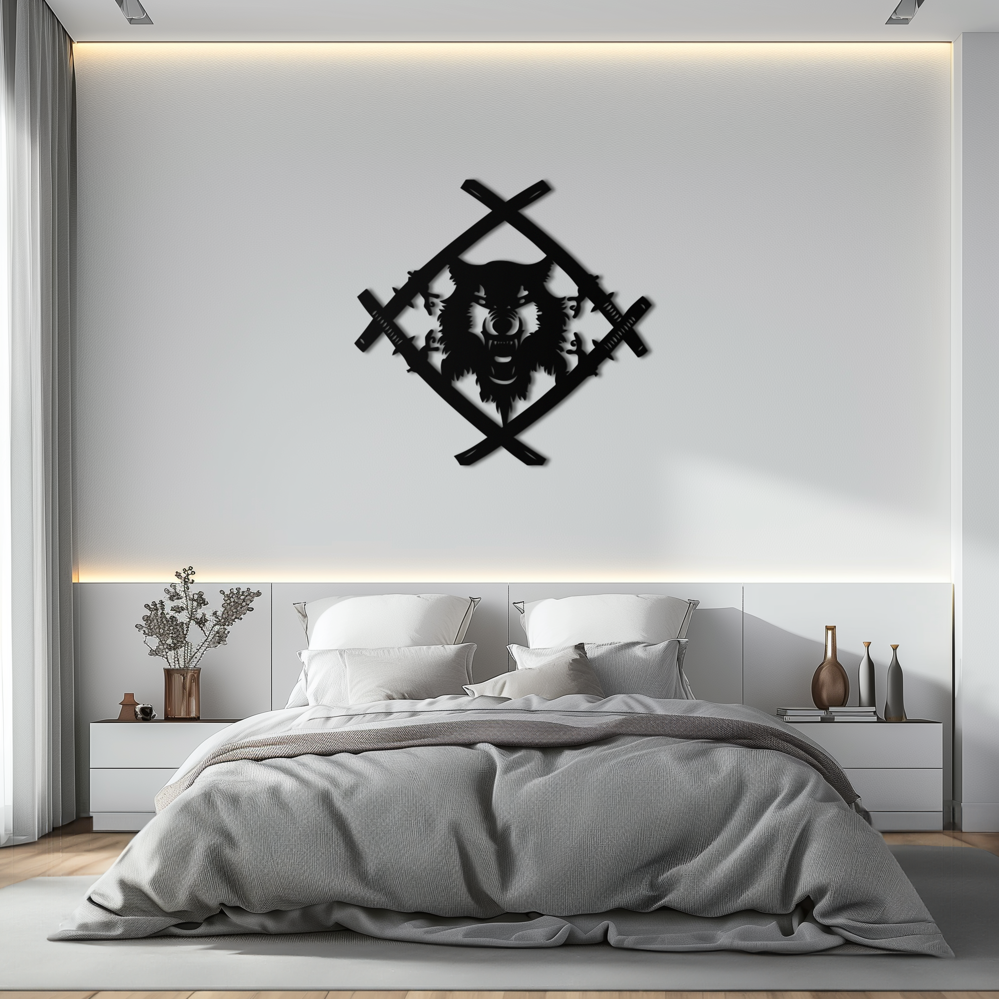Metal Wall Art Samurai Wolf Warrior - Crossed Katanas Design