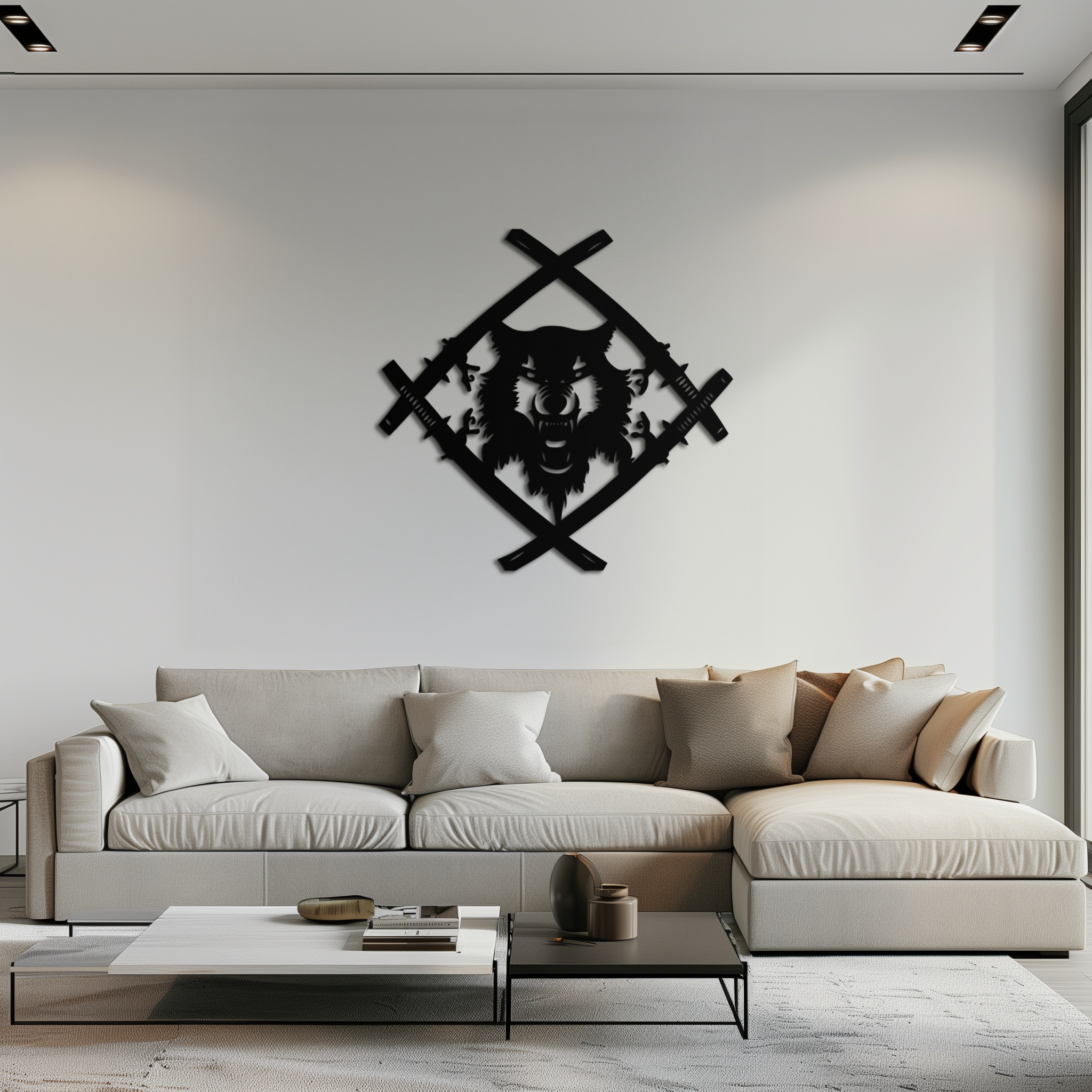 Metal Wall Art Samurai Wolf Warrior - Crossed Katanas Design