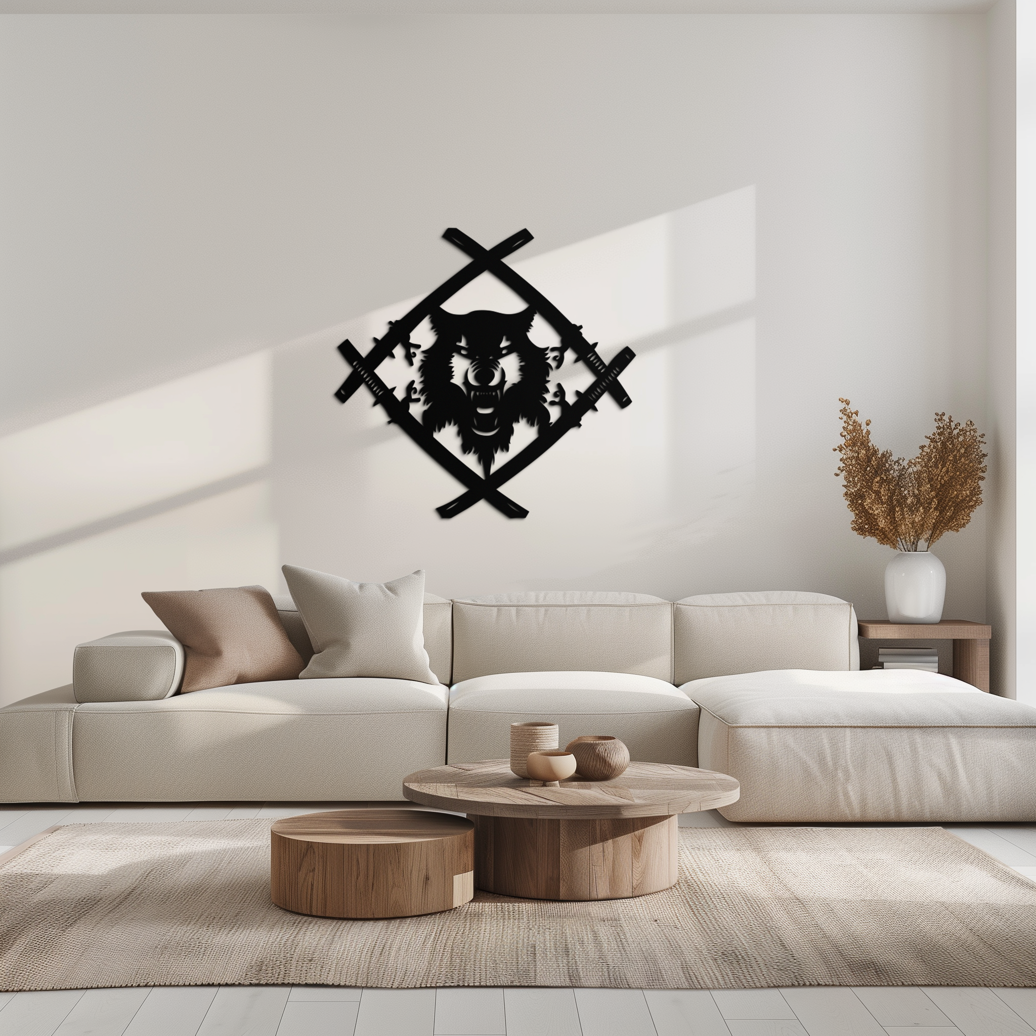 Metal Wall Art Samurai Wolf Warrior - Crossed Katanas Design