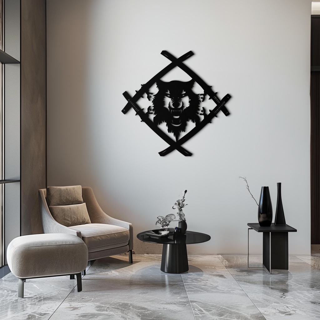Metal Wall Art Samurai Wolf Warrior - Crossed Katanas Design