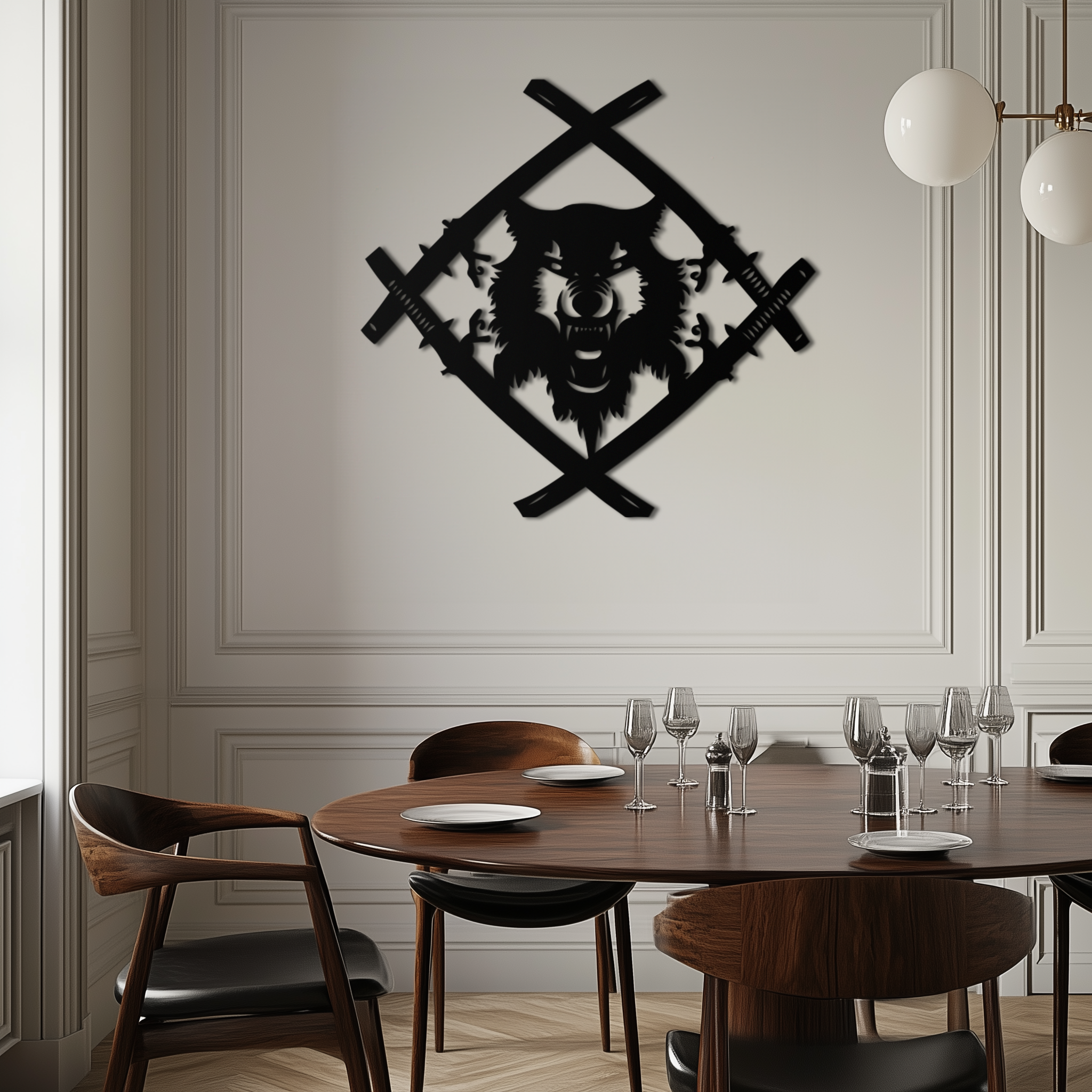Metal Wall Art Samurai Wolf Warrior - Crossed Katanas Design