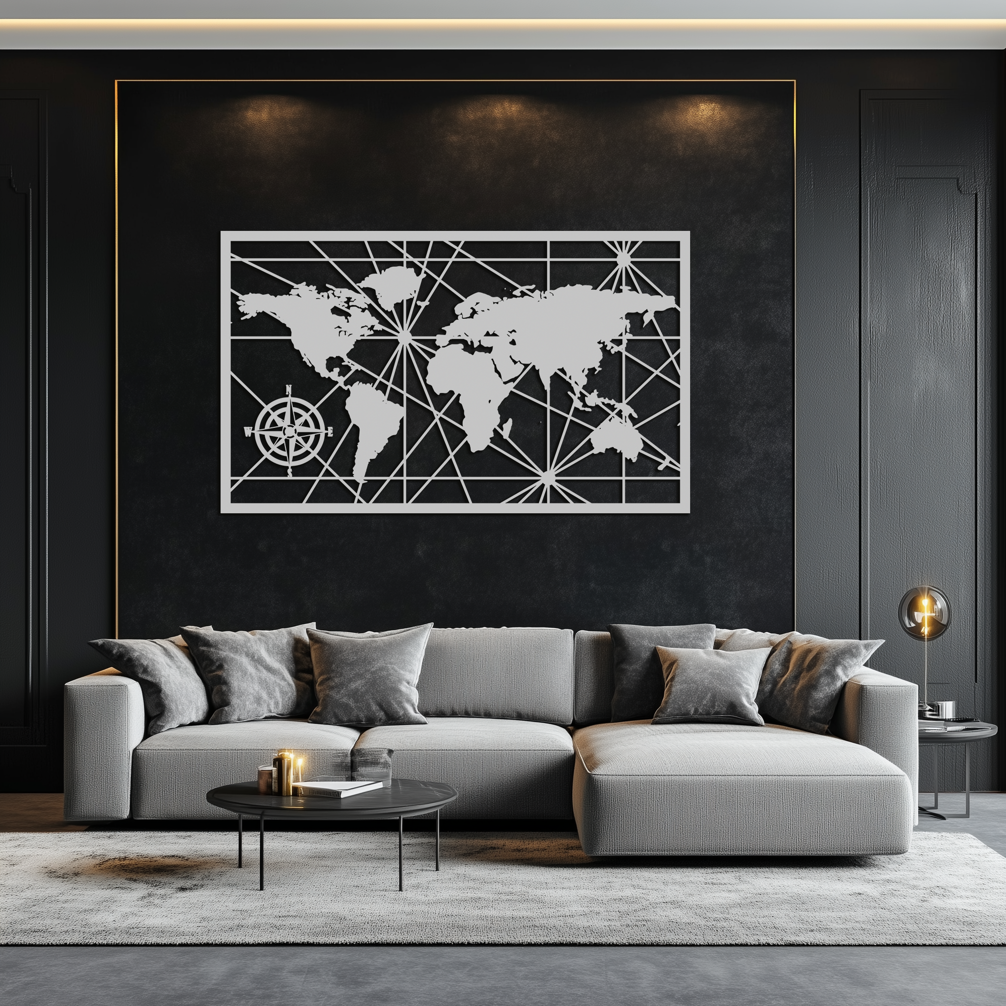Geometric World Map Steel Wall Art - Modern Minimalist Low Poly Abstract Metal Design