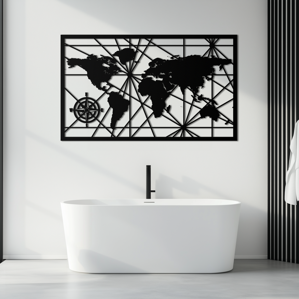 Geometric World Map Steel Wall Art - Modern Minimalist Low Poly Abstract Metal Design