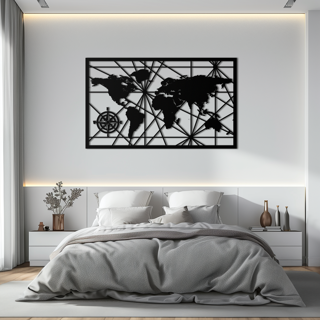 Geometric World Map Steel Wall Art - Modern Minimalist Low Poly Abstract Metal Design