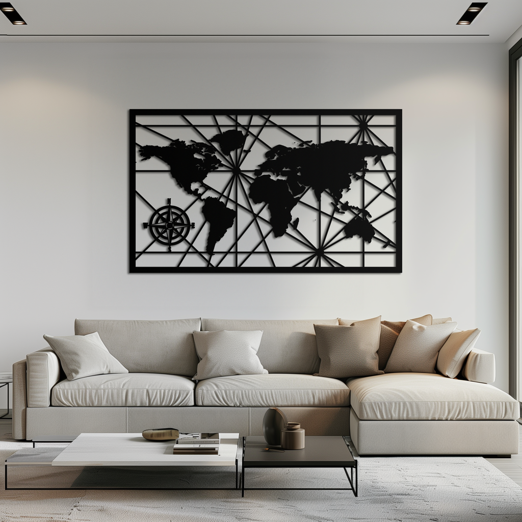 Geometric World Map Steel Wall Art - Modern Minimalist Low Poly Abstract Metal Design