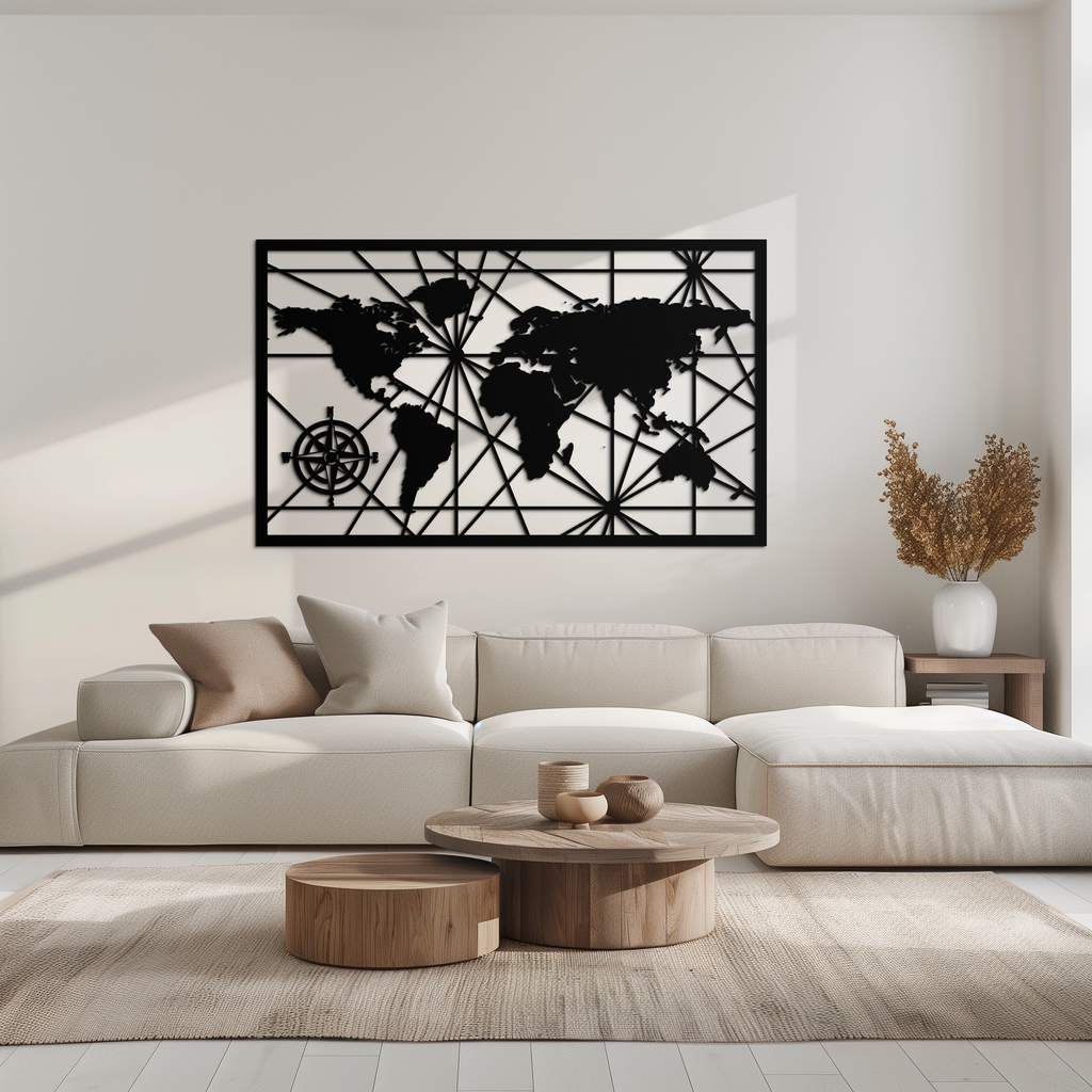 Geometric World Map Steel Wall Art - Modern Minimalist Low Poly Abstract Metal Design
