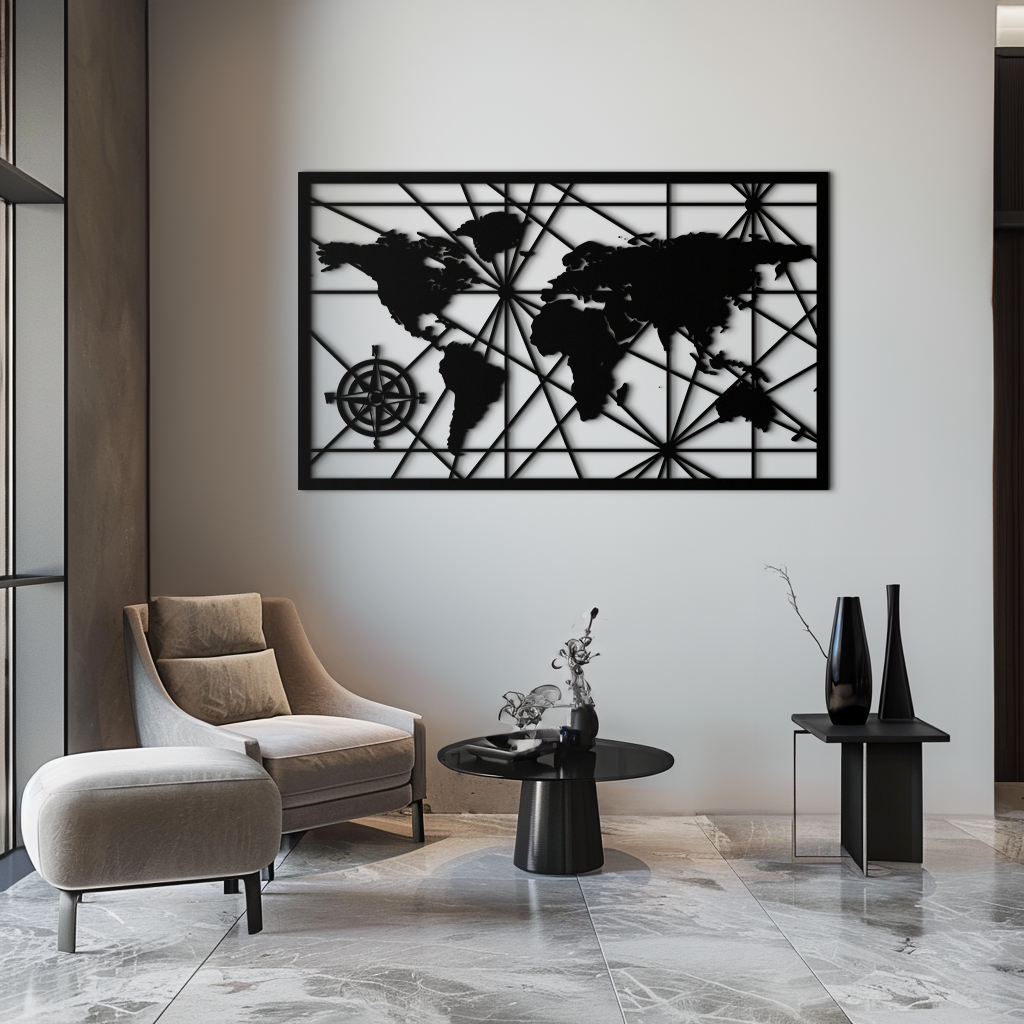 Geometric World Map Steel Wall Art - Modern Minimalist Low Poly Abstract Metal Design