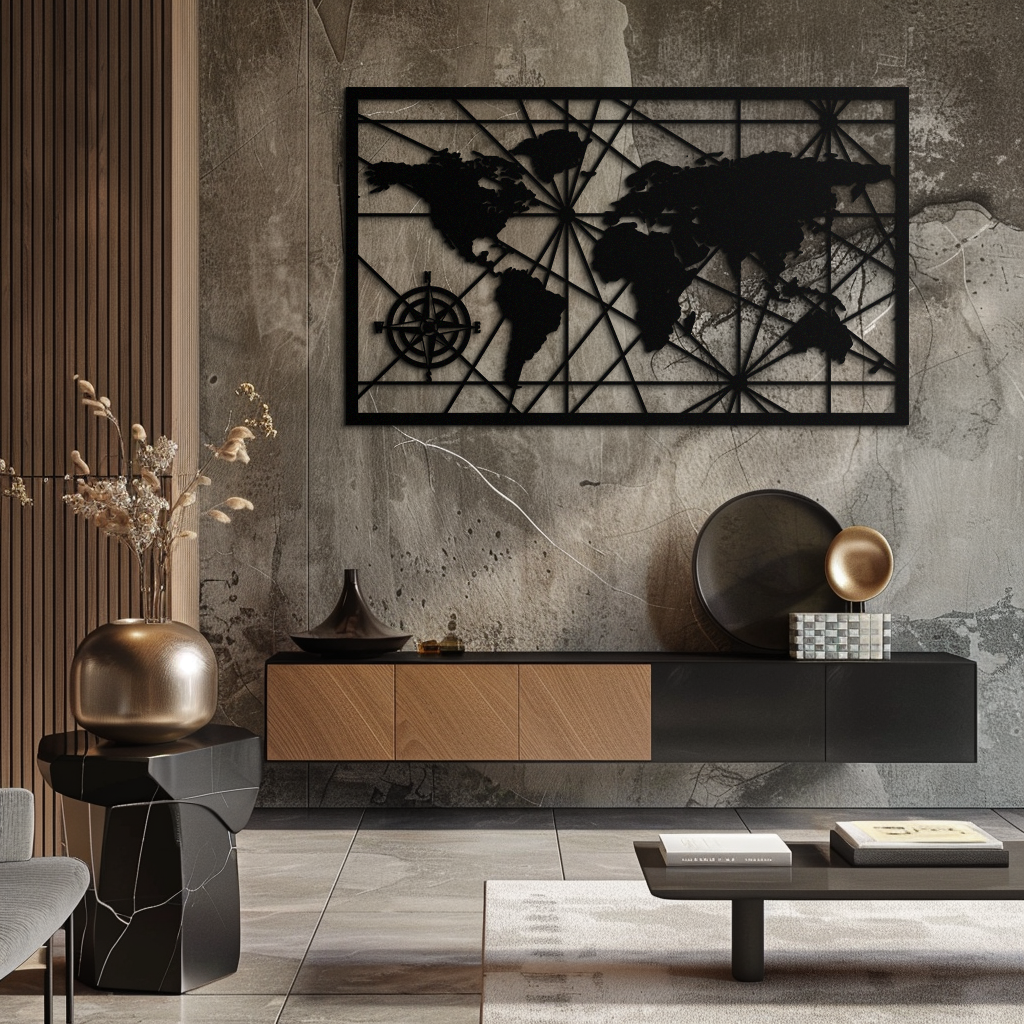 Geometric World Map Steel Wall Art - Modern Minimalist Low Poly Abstract Metal Design