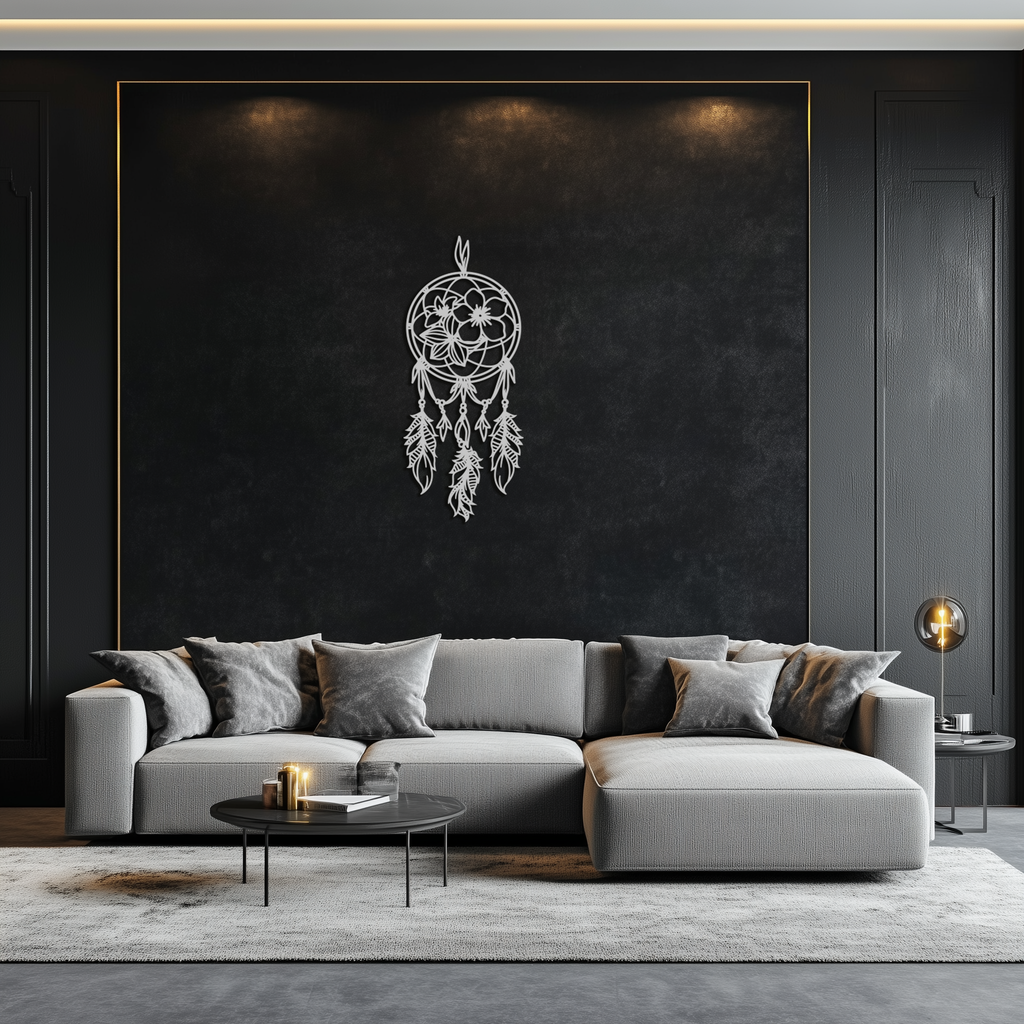 Steel Dreamcatcher Wall Art - Boho Floral and Feather Design