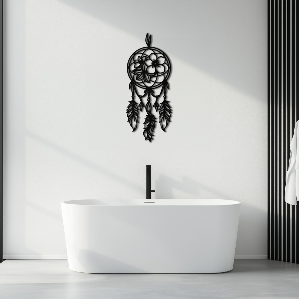 Steel Dreamcatcher Wall Art - Boho Floral and Feather Design