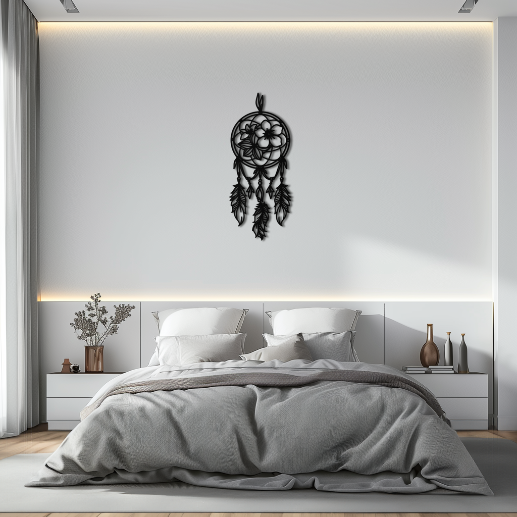 Steel Dreamcatcher Wall Art - Boho Floral and Feather Design