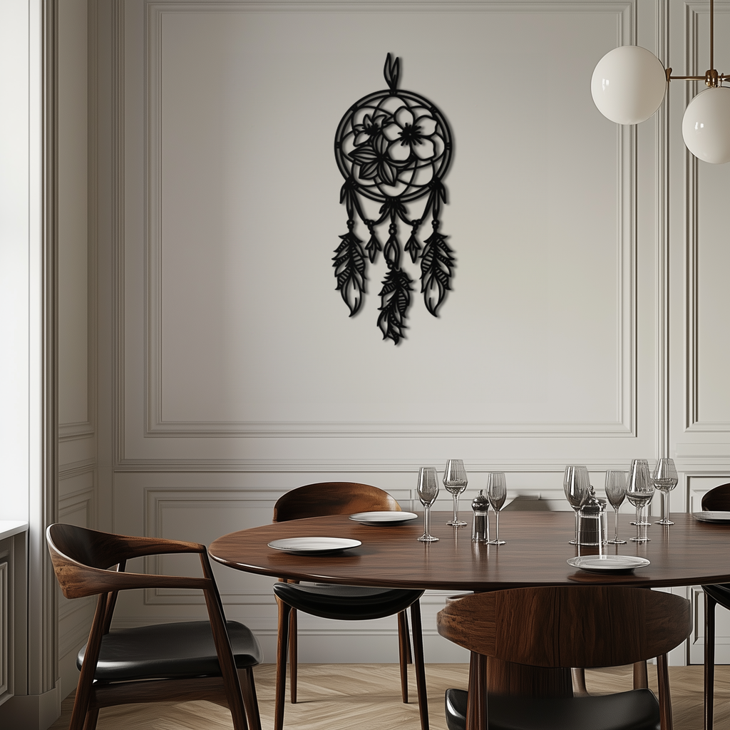 Steel Dreamcatcher Wall Art - Boho Floral and Feather Design