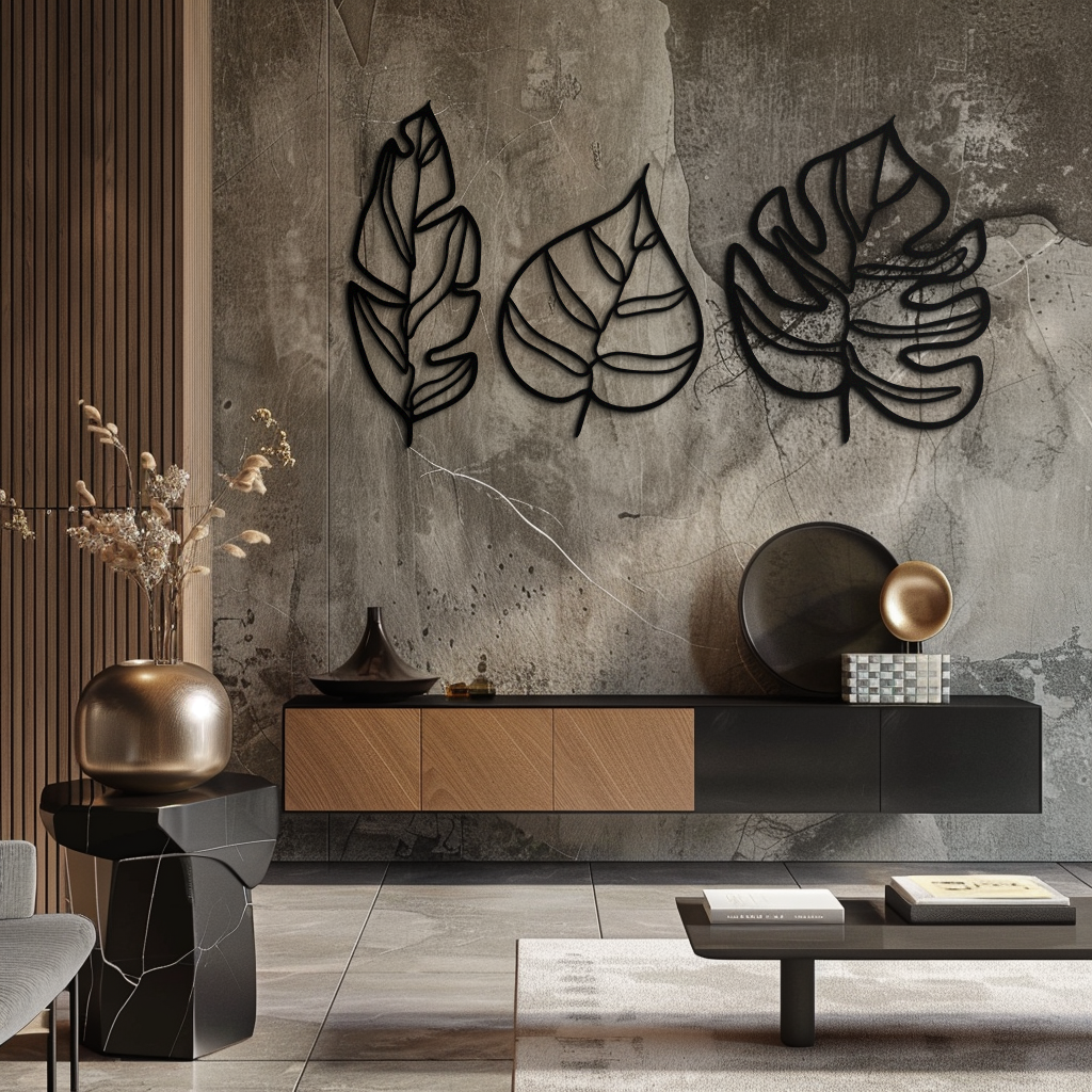 Metal Geometric Leaf Trio Wall Art - Modern Botanical Steel Three Piece Sculpture