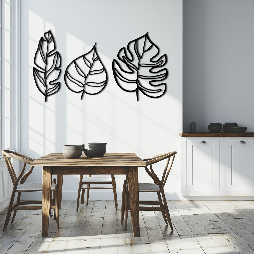 Metal Geometric Leaf Trio Wall Art - Modern Botanical Steel Three Piece Sculpture