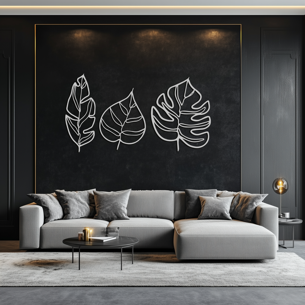 Metal Geometric Leaf Trio Wall Art - Modern Botanical Steel Three Piece Sculpture
