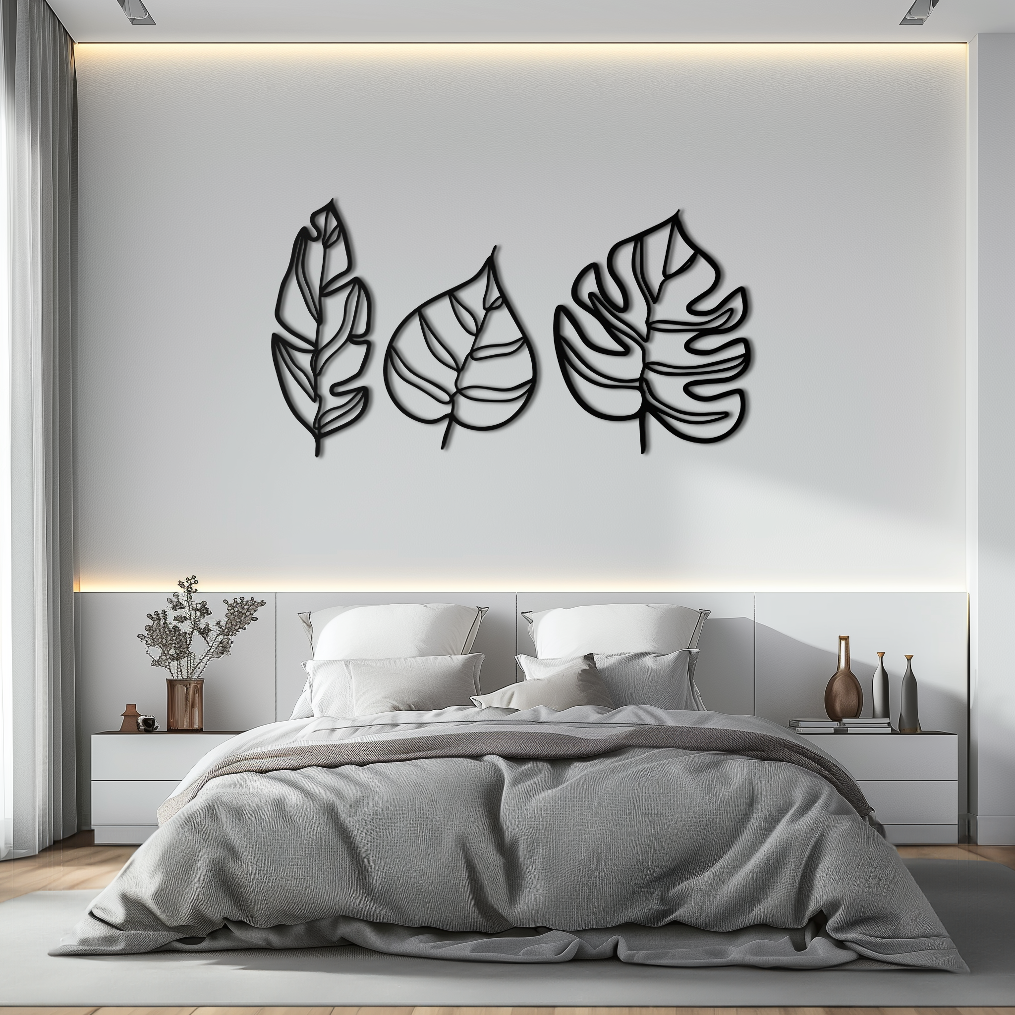 Metal Geometric Leaf Trio Wall Art - Modern Botanical Steel Three Piece Sculpture