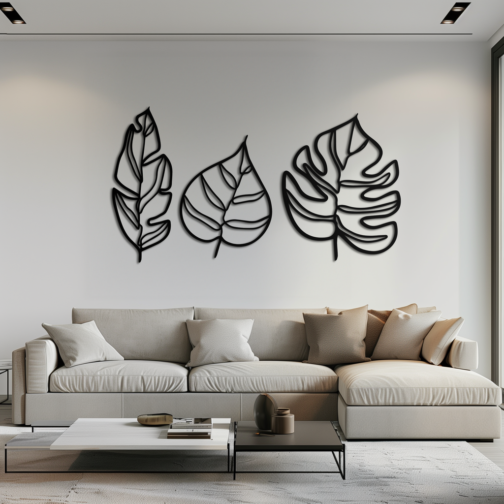 Metal Geometric Leaf Trio Wall Art - Modern Botanical Steel Three Piece Sculpture