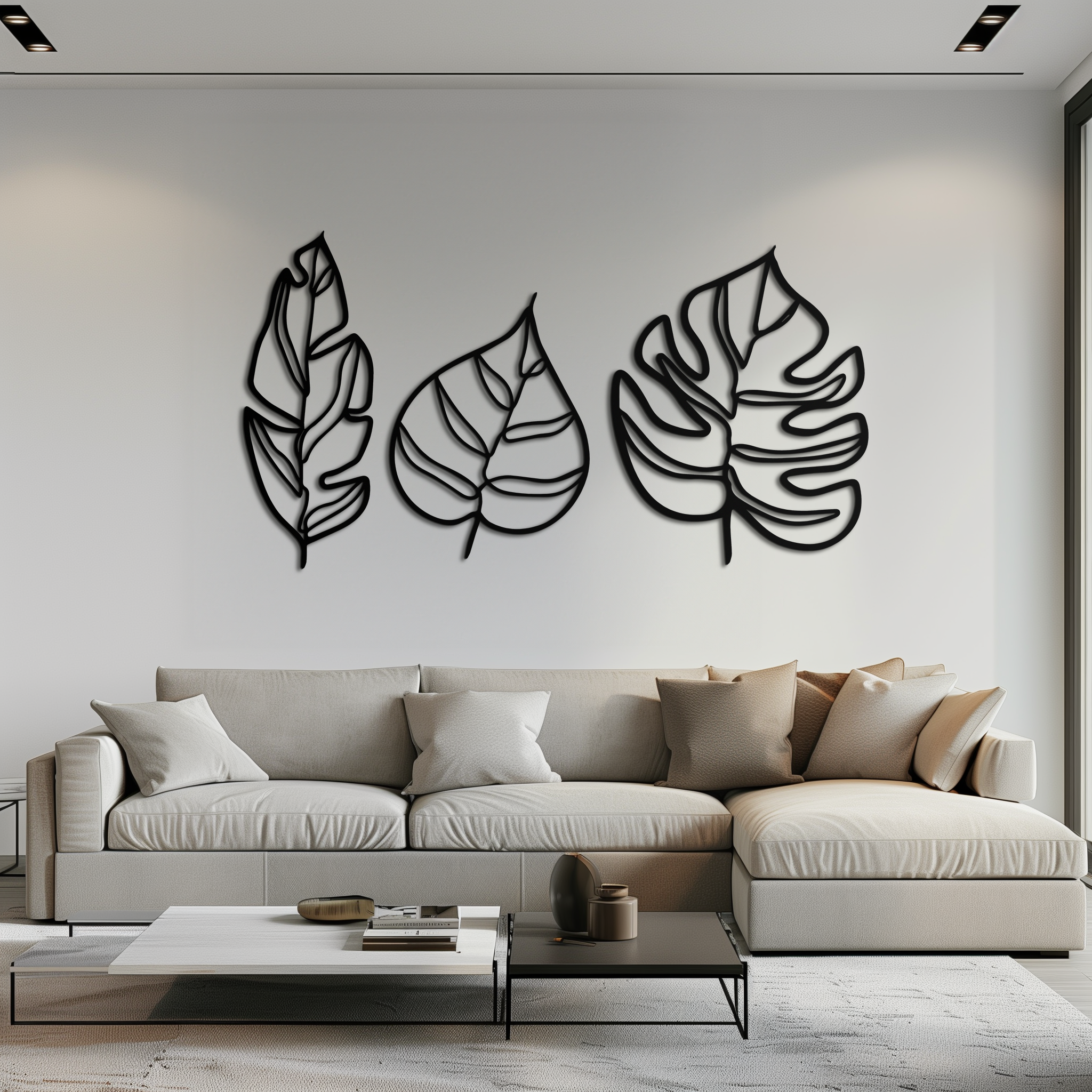 Metal Geometric Leaf Trio Wall Art - Modern Botanical Steel Three Piece Sculpture