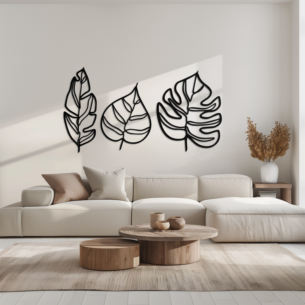 Metal Geometric Leaf Trio Wall Art - Modern Botanical Steel Three Piece Sculpture