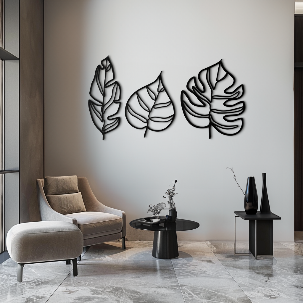 Metal Geometric Leaf Trio Wall Art - Modern Botanical Steel Three Piece Sculpture