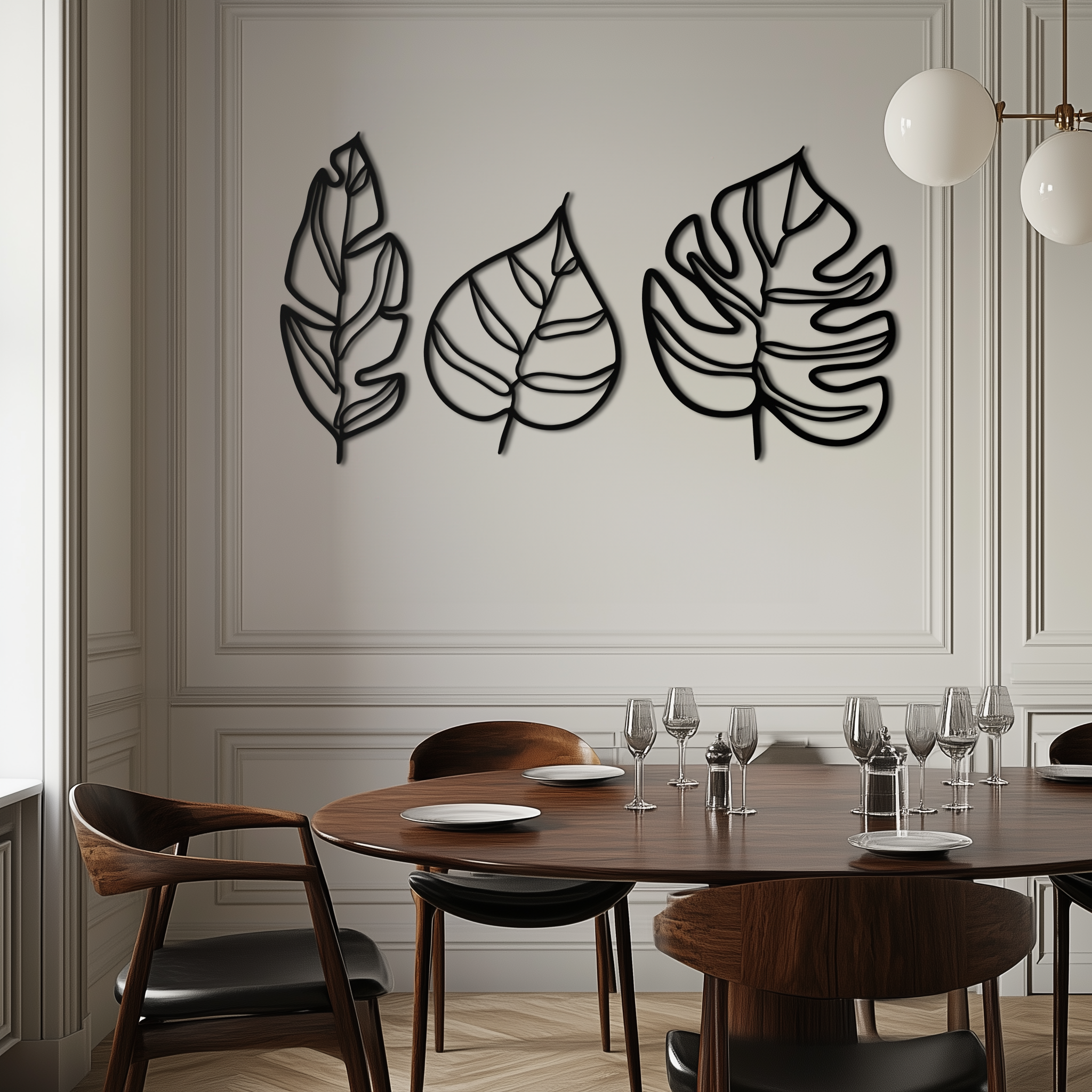 Metal Geometric Leaf Trio Wall Art - Modern Botanical Steel Three Piece Sculpture