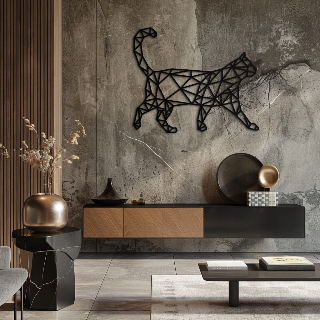 Geometric Walking Cat Metal Wall Art - Modern Minimalist Design