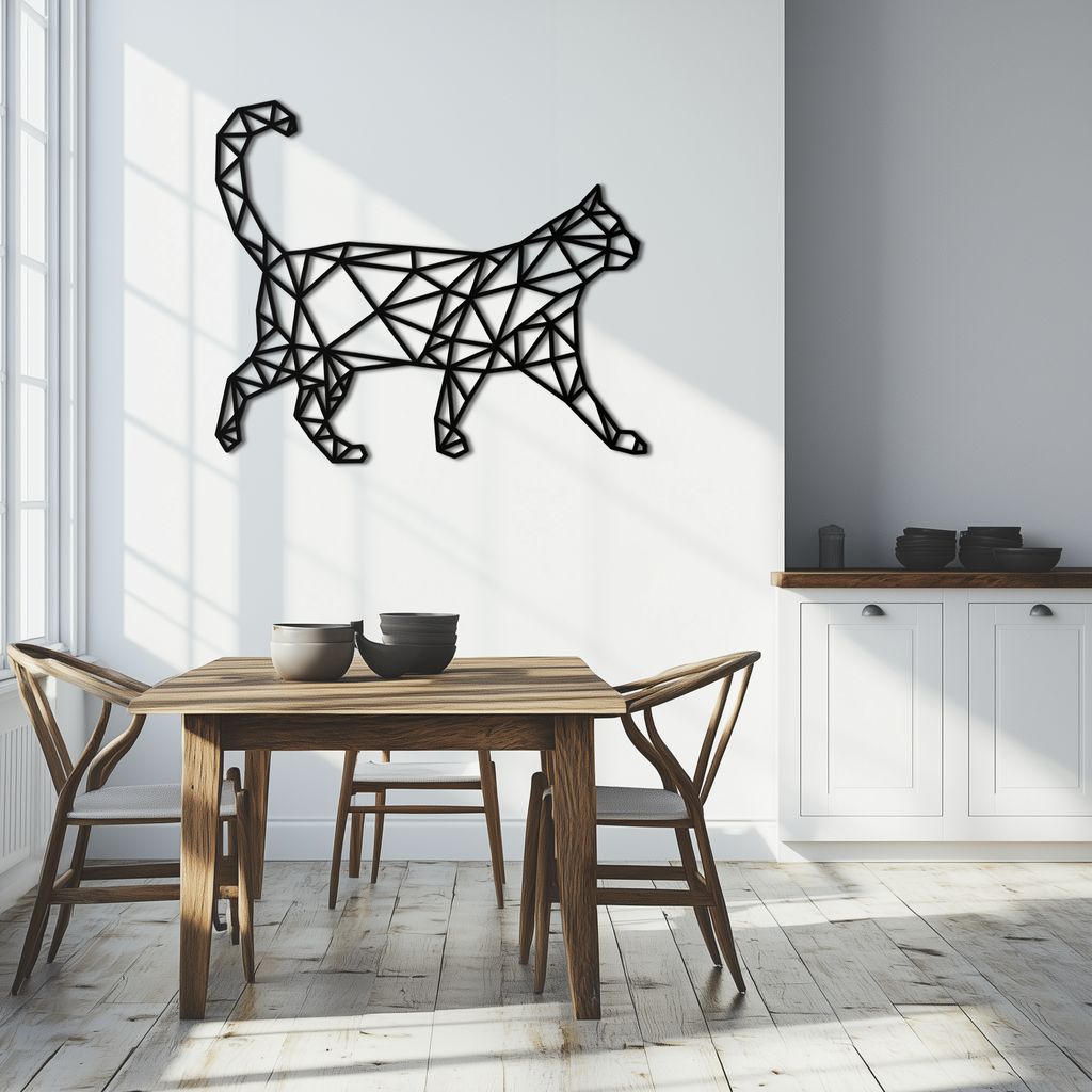 Geometric Walking Cat Metal Wall Art - Modern Minimalist Design