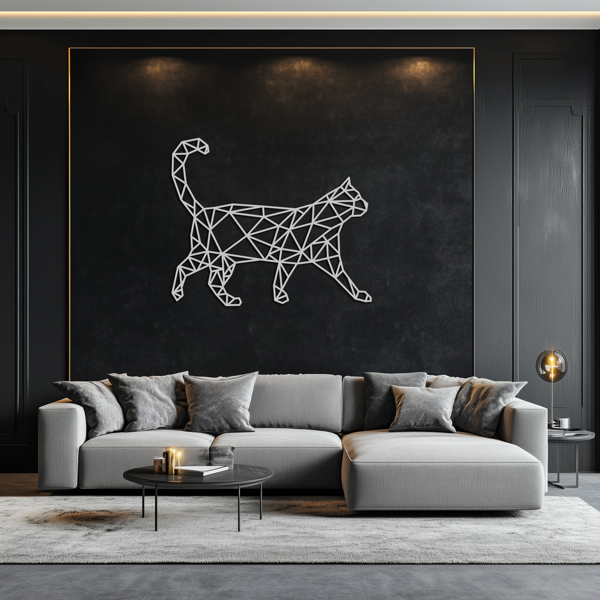 Geometric Walking Cat Metal Wall Art - Modern Minimalist Design