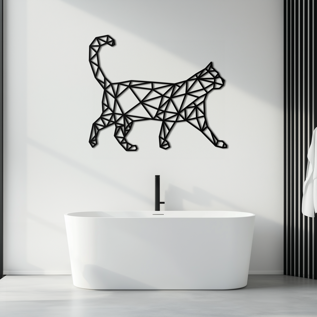 Geometric Walking Cat Metal Wall Art - Modern Minimalist Design