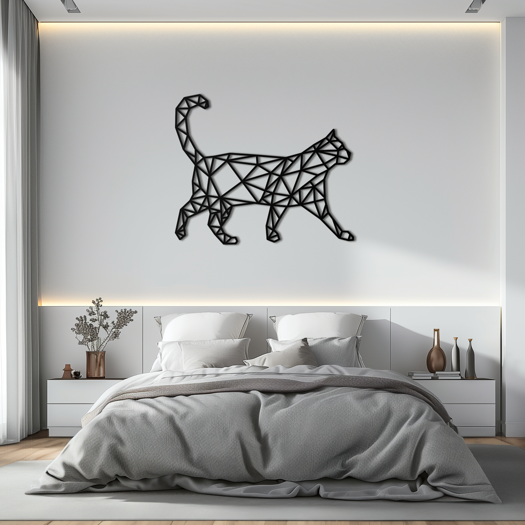 Geometric Walking Cat Metal Wall Art - Modern Minimalist Design