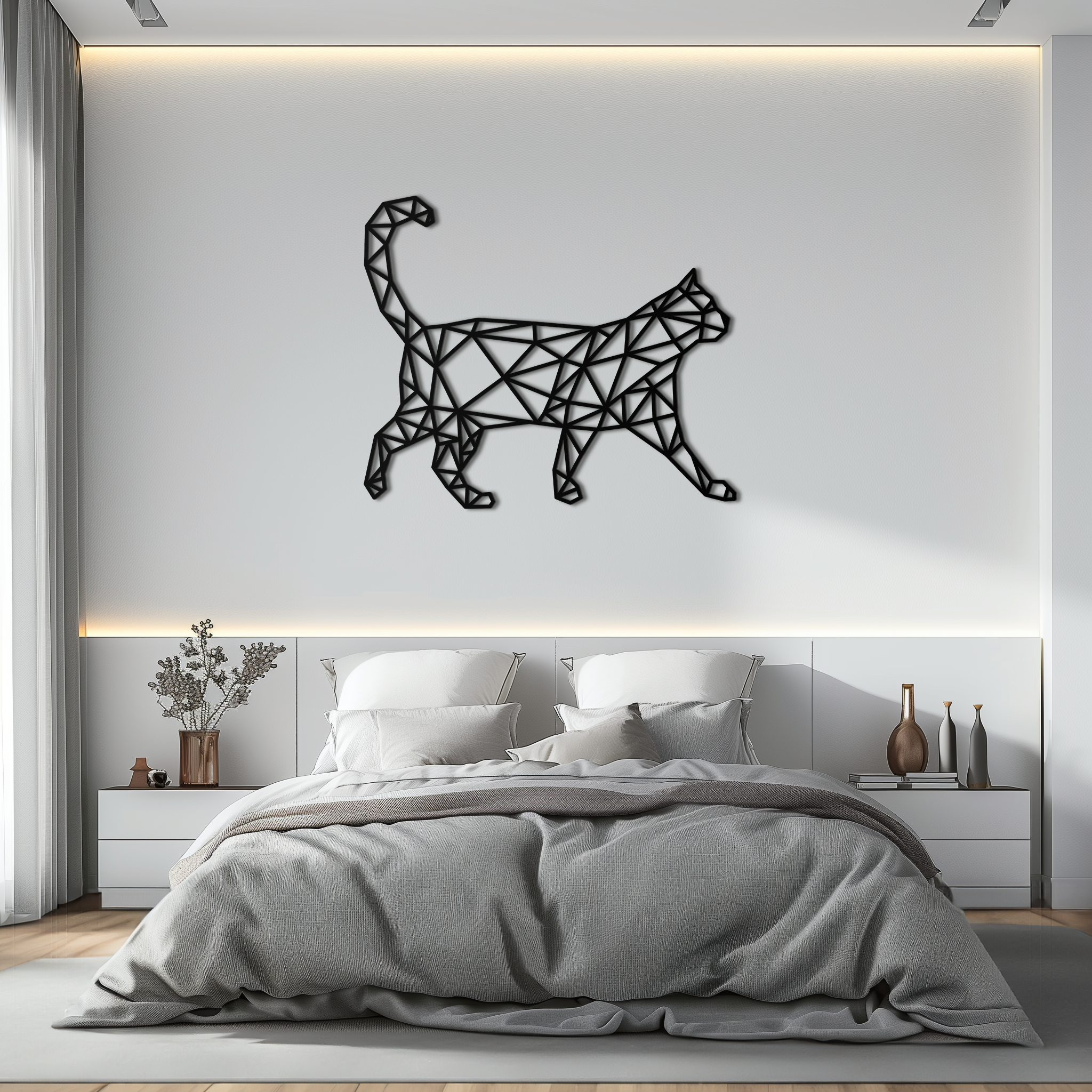 Geometric Walking Cat Metal Wall Art - Modern Minimalist Design