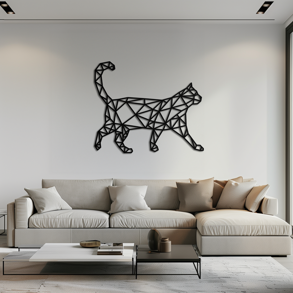 Geometric Walking Cat Metal Wall Art - Modern Minimalist Design