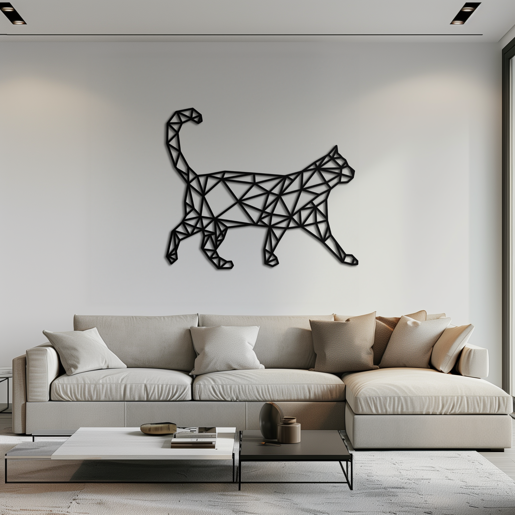 Geometric Walking Cat Metal Wall Art - Modern Minimalist Design