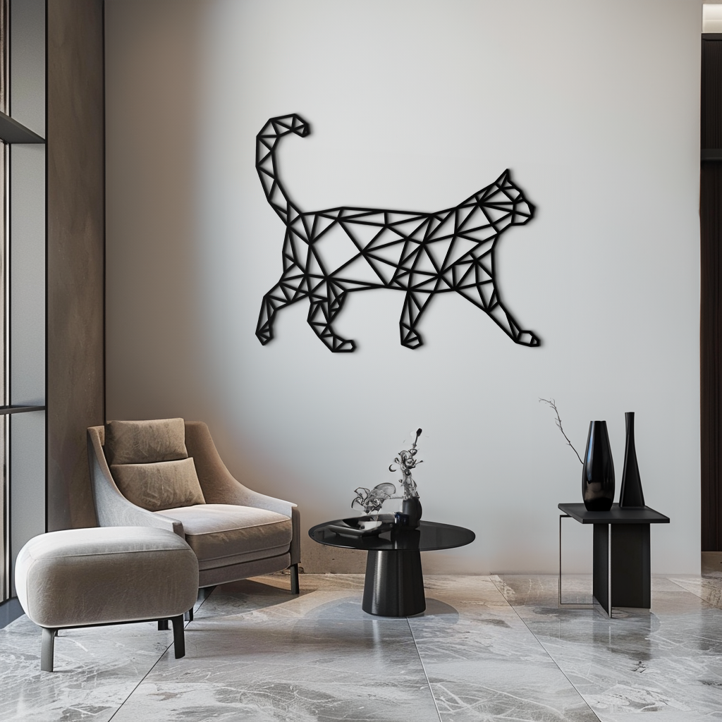 Geometric Walking Cat Metal Wall Art - Modern Minimalist Design
