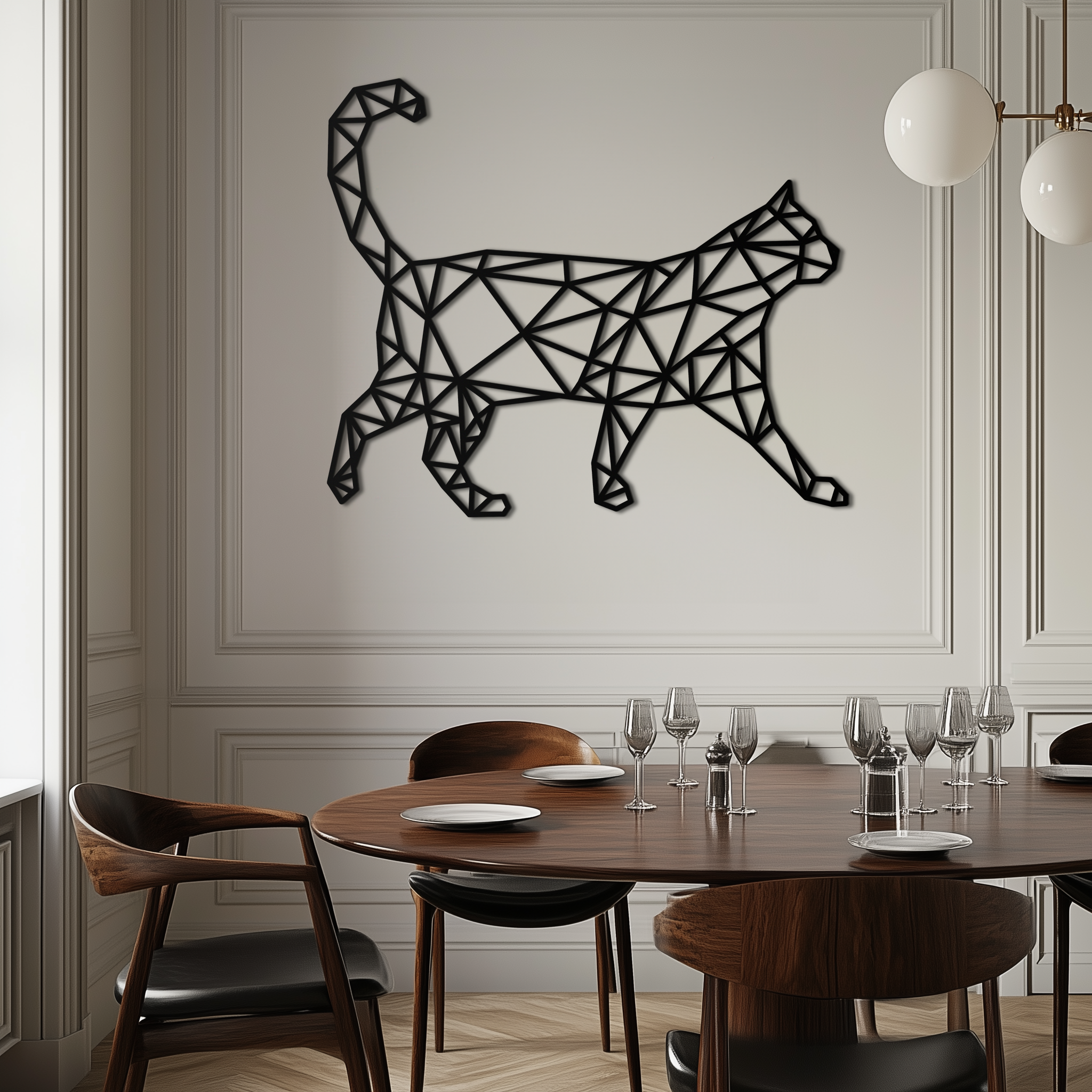 Geometric Walking Cat Metal Wall Art - Modern Minimalist Design